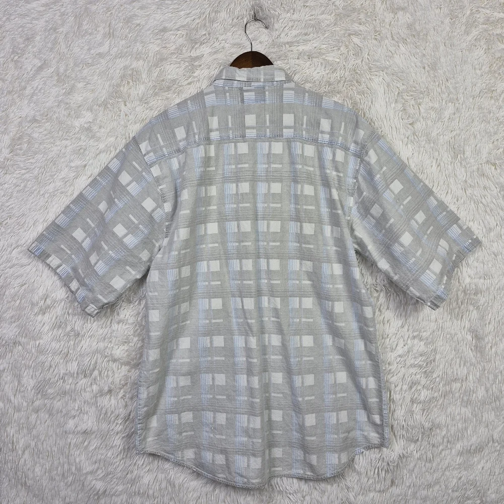 Vtg Tomato Mens XL Gray Plaid Grid Check‎ Hidden Button Up Shirt 90s Y2K Skater